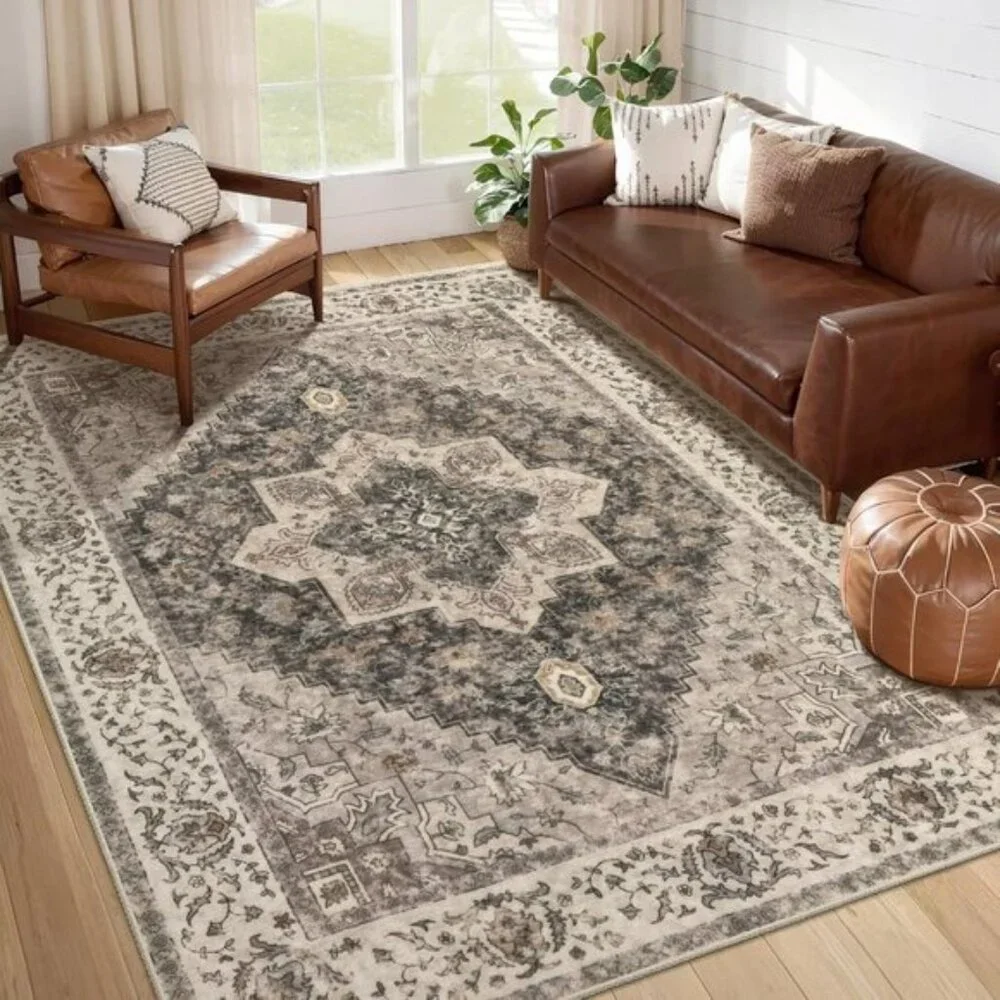 New 4x6 Washable Vintage Rug, Soft Distressed Brown/Grey Non-Slip Carpet